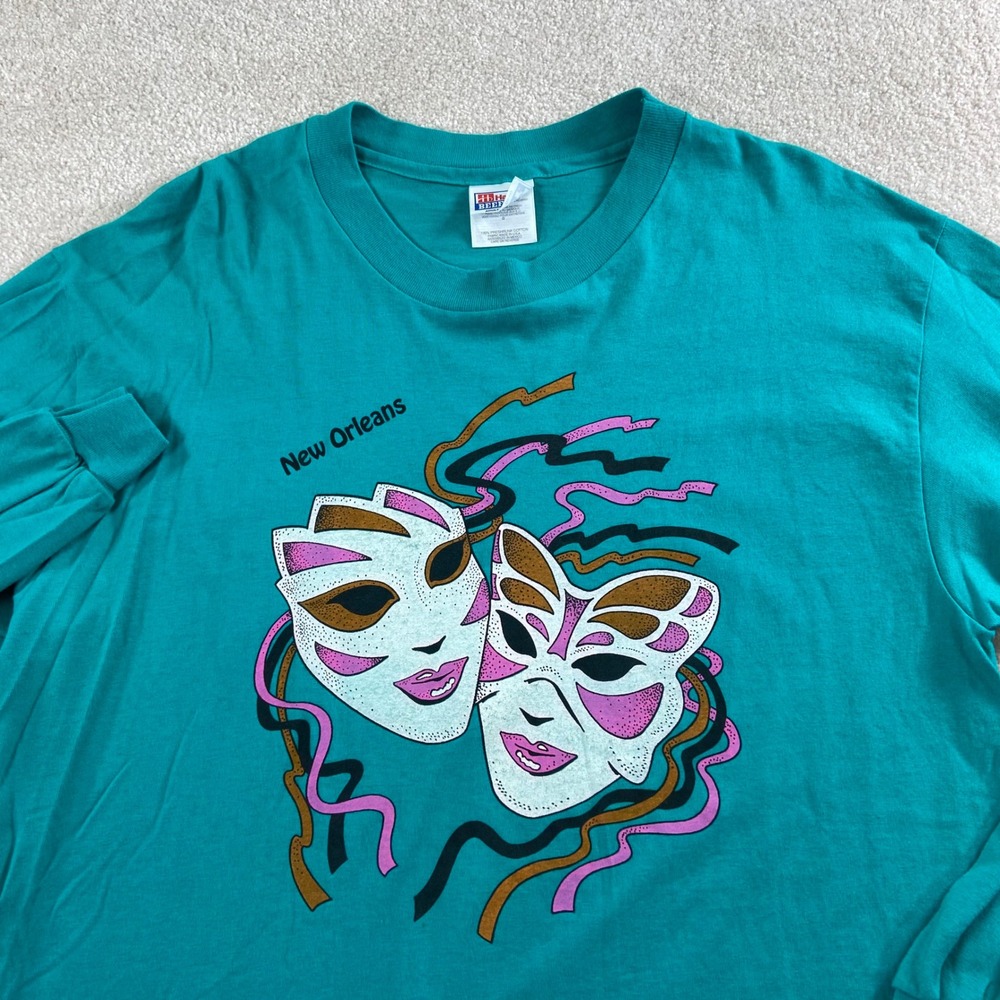 Vintage Hanes Beefy-T Shirt Adult L Teal New Orleans Mardi Gras Mask Long Sleeve